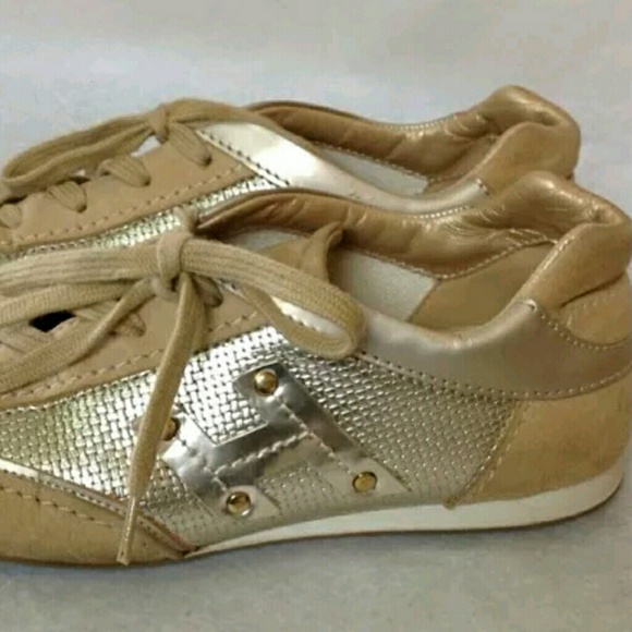 Gold Calfskin Leather Suede Flats Sneakers Size 5 - Picture 2 of 4